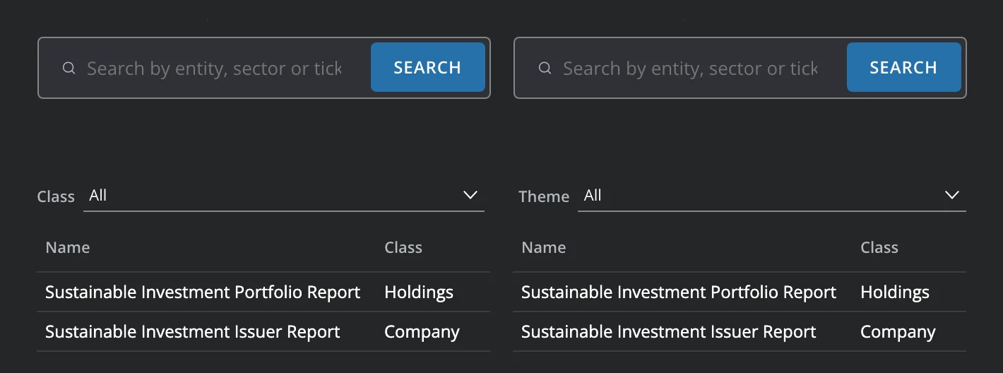 Parts of the Analytics Dashboard screen rendered in Salt DS, dark mode: the search field and its button, the Class and Theme filters and the first rows of the dashboards table, captured from the builder's Present mode.